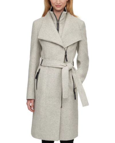 Calvin Klein Faux-Leather Trim Belted Wrap Coat